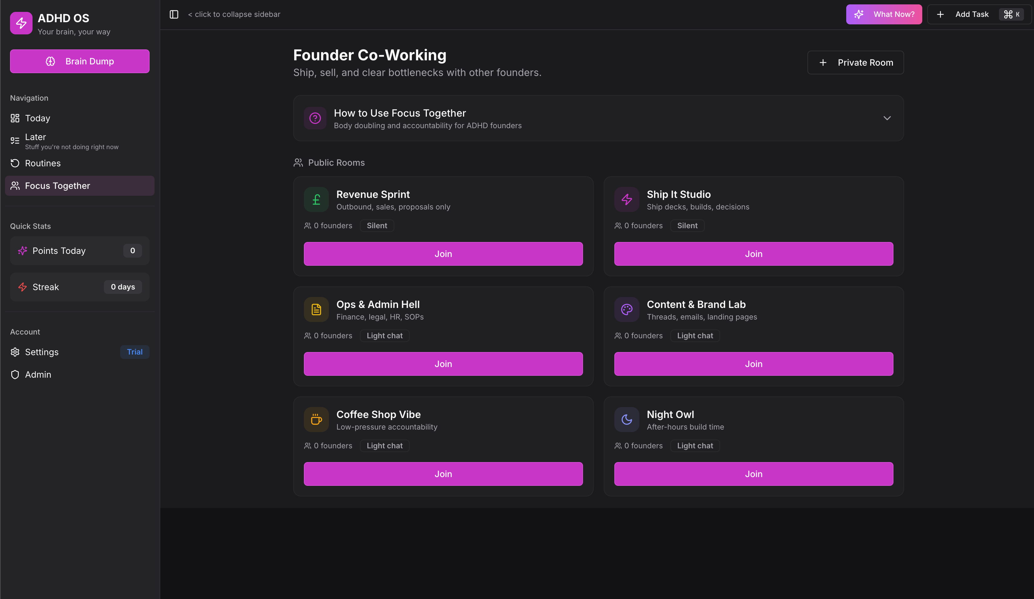 Focus Together page - Body doubling co-working rooms
