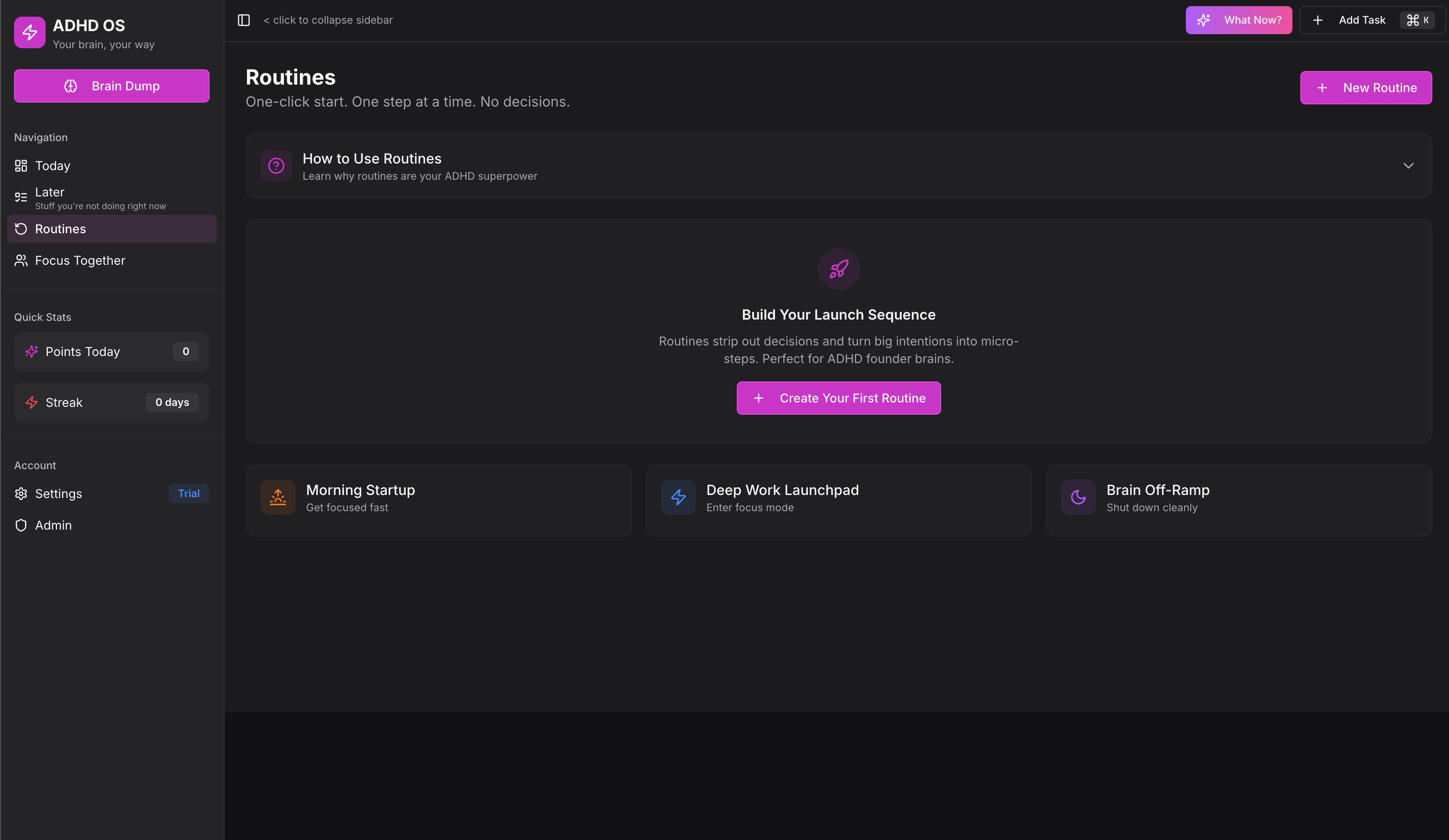 Routines page - One-click startup sequences